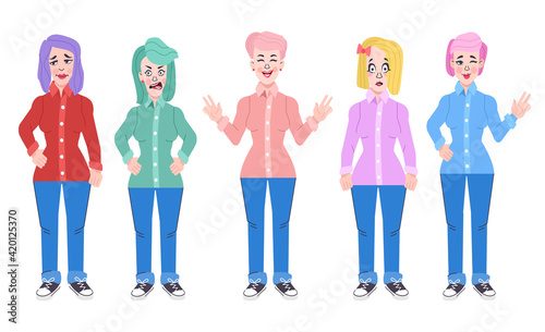 Collection of various poses and emotions of a young woman. Character of girl, Vector illustration in cartoon style
