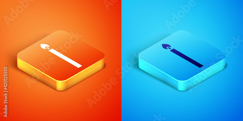 Isometric Burning candle icon isolated on orange and blue background. Cylindrical candle stick with burning flame. Vector