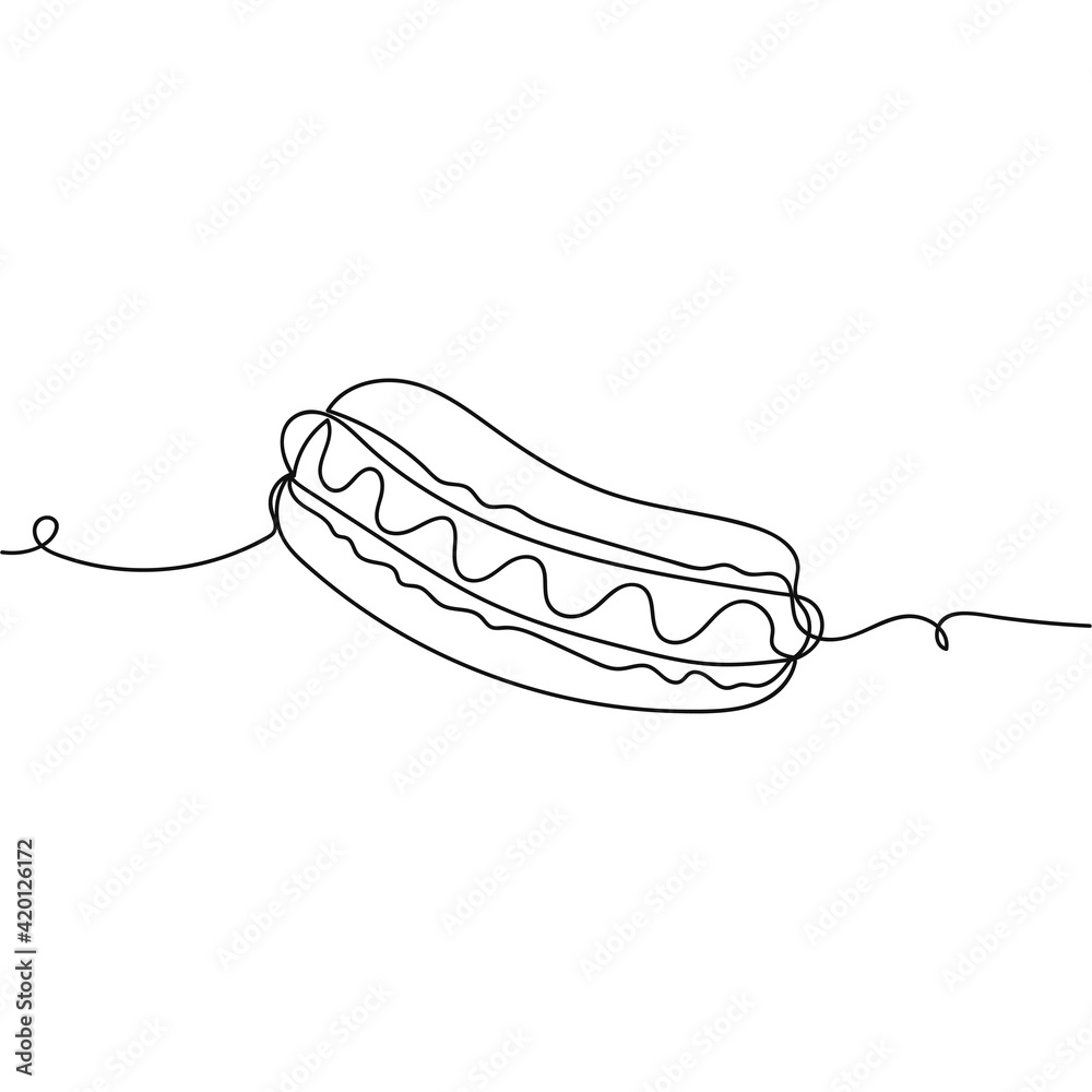 Continuous one line drawing of delicious hot dog. Minimal style. Perfect for cards, party invitations, posters, stickers, clothing. Food concept Continuous one line drawing of delicious hot dog. Minimal style. Perfect for cards, party invitations, posters, stickers, clothing. Food concept