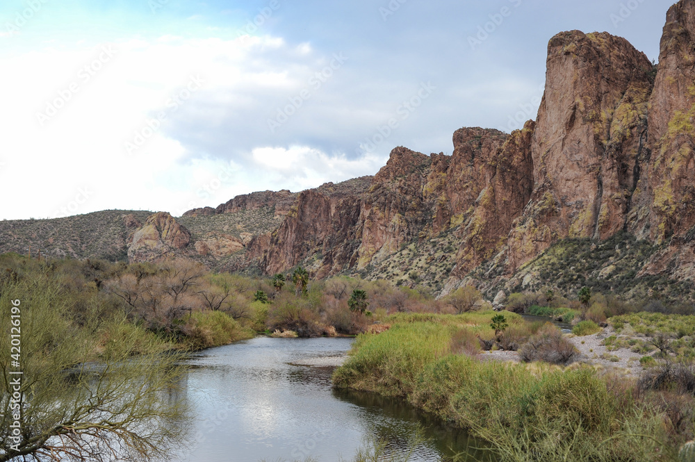 Desert river flowing through rugged canyon terrain with rocky cliffs and riparian vegetation, illustrating arid landscape ecology and natural waterway systems in a desert environment. Desert river flowing through rugged canyon terrain with rocky cliffs and riparian vegetation, illustrating arid landscape ecology and natural waterway systems in a desert environment.