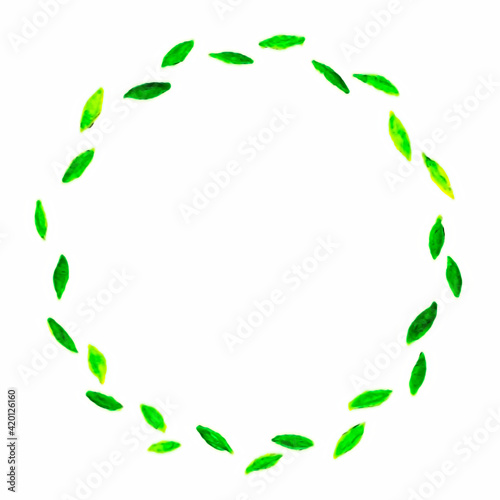 Incredibly beautiful little wreath and petals of the plant. Colors: green. Watercolor technique.