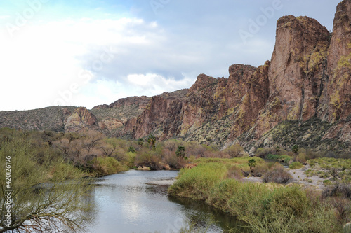 Desert river, mountains and vegetation in Sonoran Desert