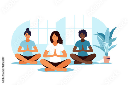 Yoga class. Meditation. Group workout. Flat illustration. Vector.
