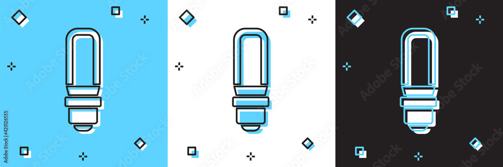 Set LED light bulb icon isolated on blue and white, black background. Economical LED illuminated lightbulb. Save energy lamp. Vector Set LED light bulb icon isolated on blue and white, black background. Economical LED illuminated lightbulb. Save energy lamp. Vector