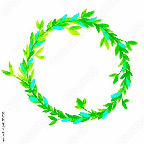 Incredibly beautiful medium wreath and petals of the plant. Colors: green, blue. Watercolor technique.