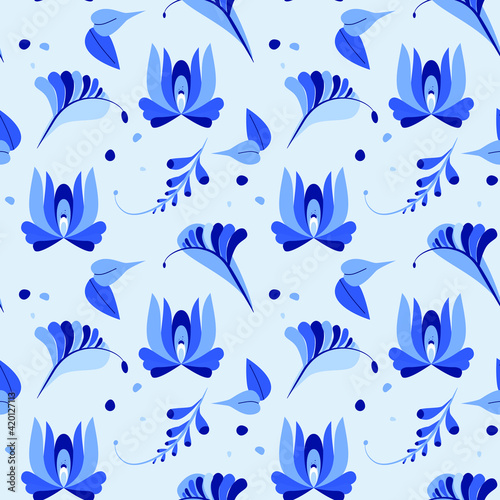 Folk style flower  gzhel  Dutch art seamless pattern on blue background