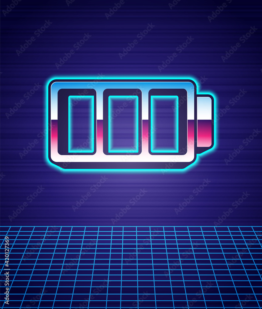 Retro style Battery charge level indicator icon isolated futuristic landscape background. 80s fashion party. Vector Retro style Battery charge level indicator icon isolated futuristic landscape background. 80s fashion party. Vector