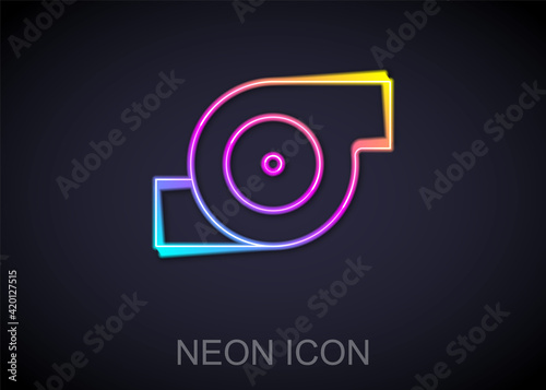 Glowing neon line Automotive turbocharger icon isolated on black background. Vehicle performance turbo. Turbo compressor induction. Vector