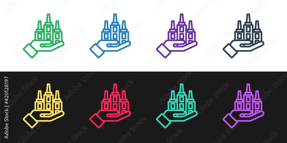 Set line Skyscraper icon isolated on black and white background. Metropolis architecture panoramic landscape. Vector