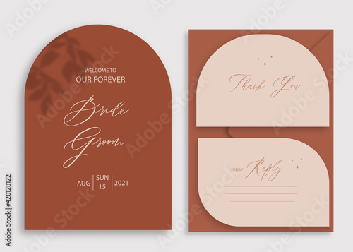 Modern wedding invitation, burnt orange wedding invitation template, arch shape with leaf shadow and handmade calligraphy.