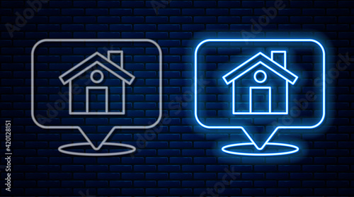 Glowing neon line Map pointer with house icon isolated on brick wall background. Home location marker symbol. Vector