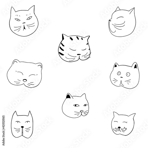 Cats stickers set. Cat faces and emotions. Hand drawn doodle and sketch characters, illustration with cats in cartoon style for design, avatars, icons, stickers, blog illustrations, textiles