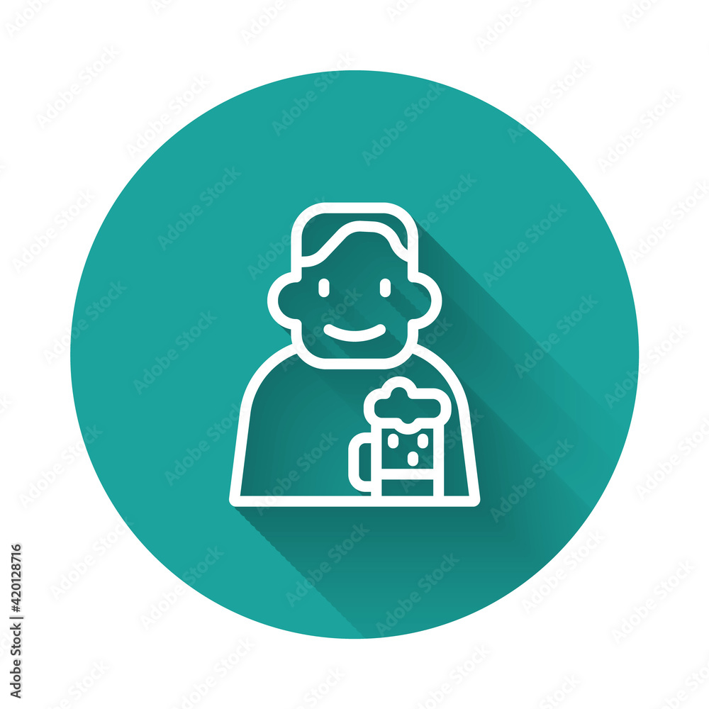 White line Happy man with beer icon isolated with long shadow background. Green circle button. Vector