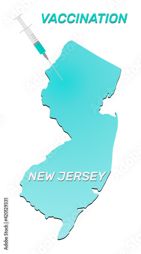 Vaccination of New Jersey. Coronavirus vaccine concept, syringe of vaccine and needle planting on New Jersey map. Vector illustration of a syringe with map and vaccine.