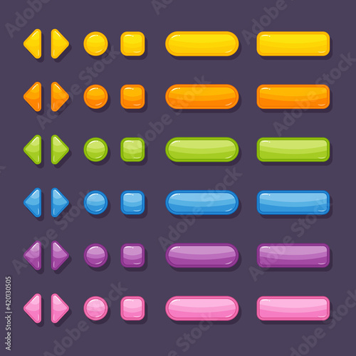 Buttons of different colors and shapes for game and app design.