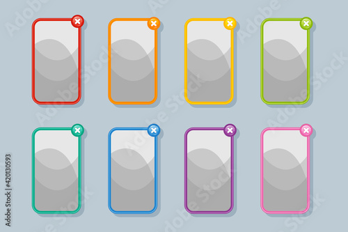 Gray banners for the menu of games for mobile phones and computer games with close (exit) buttons of different colors for ui design.