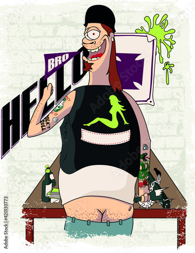 motorcyclist tattooed on his back showing his ass greeting in front of a table with fighting objects and beers, and poster glued to the wall
