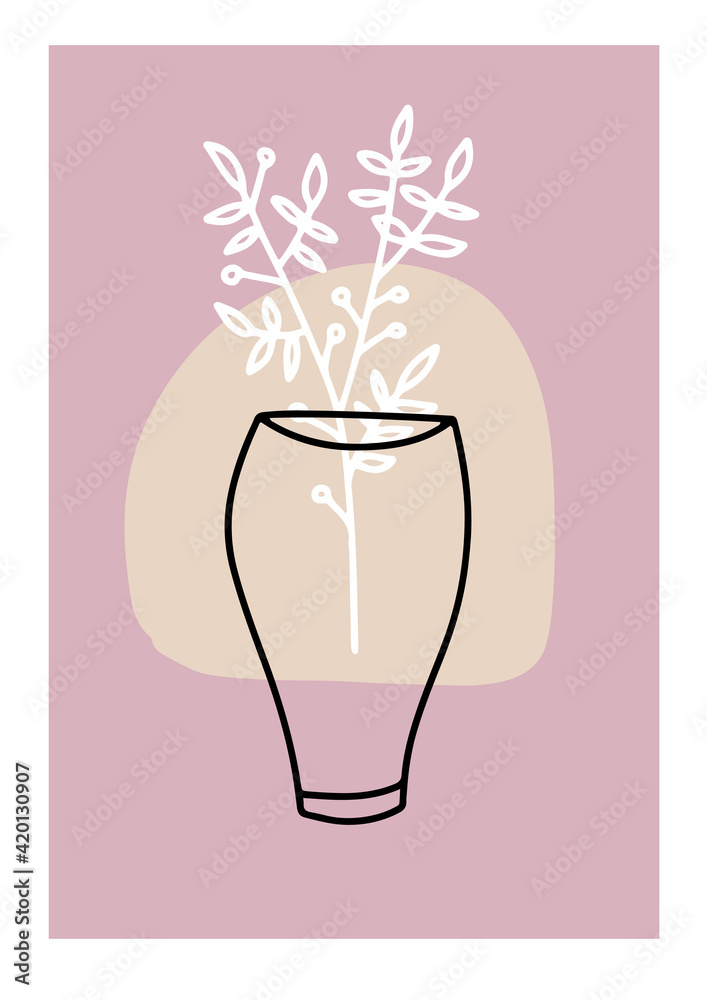 Spring flowers in vase continuous Line art . Abstract Contemporary collage of geometric shapes in a modern trendy style. Vector for Beauty Concept, t-Shirt Print, postcard, poster