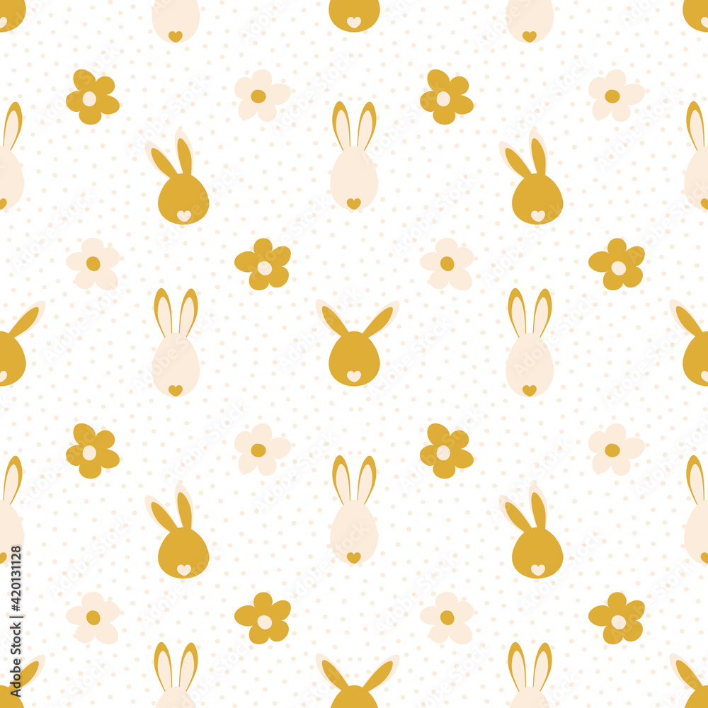 Festive seamless cute pattern with bunnies and flowers. Easter Day. Delicate Easter composition for printing on fabric, textiles, paper, kitchen decor. 