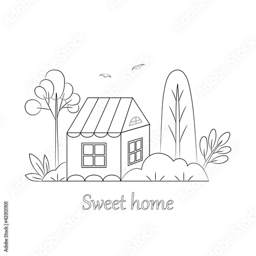 Sweet home illustration with trees and bushes drawn black line. Coloring page cottage.