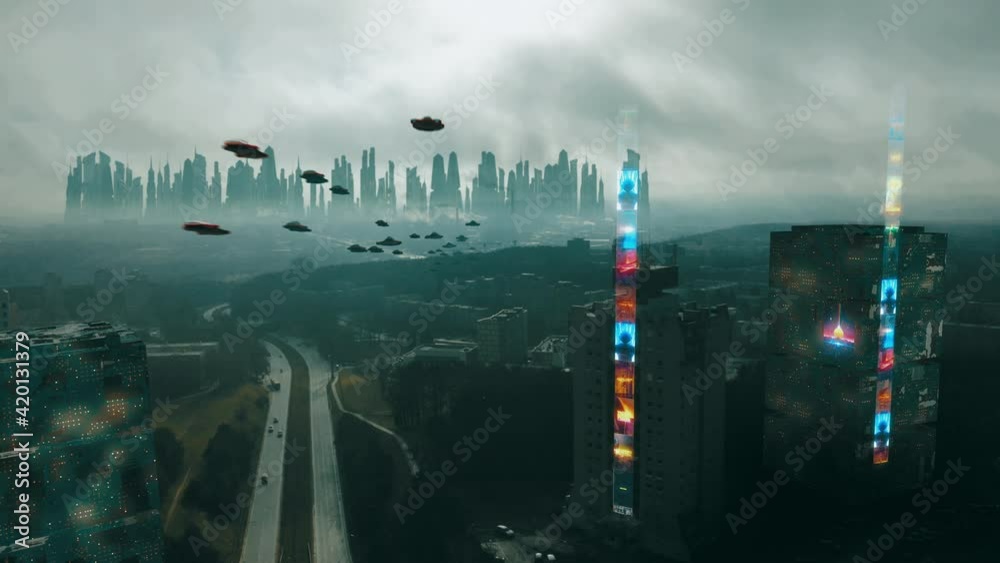 Futuristic cyberpunk city with mockup sci fi advertisments and flying cars