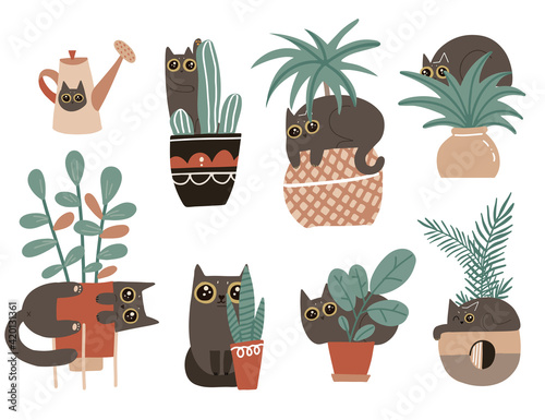 Guilty cat characters set. Cute naughty playful cats damage houseplants. Black Kitten play with house plants in flower pots. Isolated vector hand drawn scandinavian cartoon illustration.