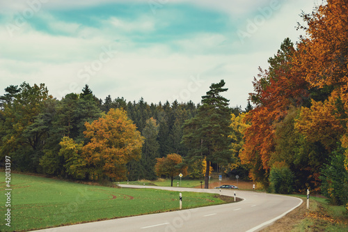 autumn photography of yellow trees and road in bavaria © Anastasiia