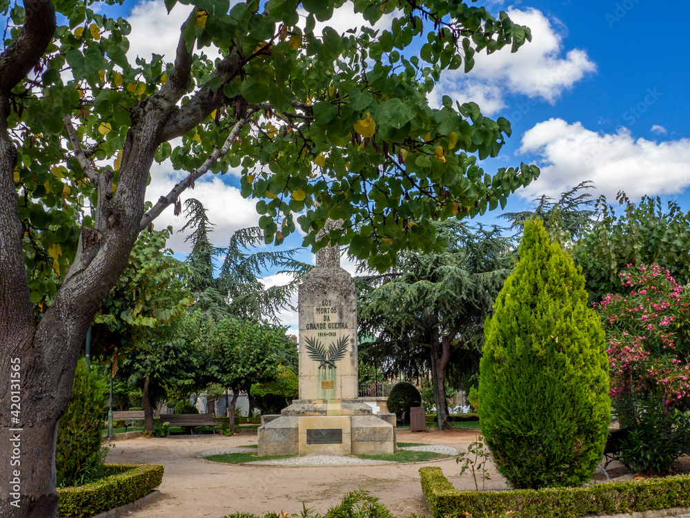 Public garden and Monument to the fallen of the Second World War in the historic city of Almeida, Portugal