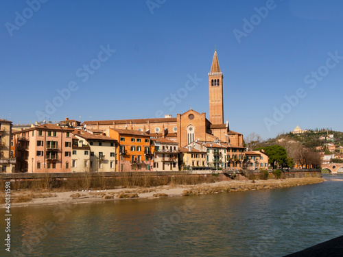 Panorama of the old city of Verona, view on Sant'Anastasia church near the "Ponte di Pietra" (Stone Bridge)