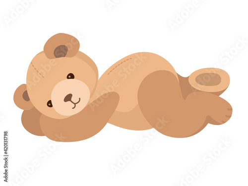 Teddy Bear lying on. Cute stuffed Toy. Beige bear isolated on white. Vector