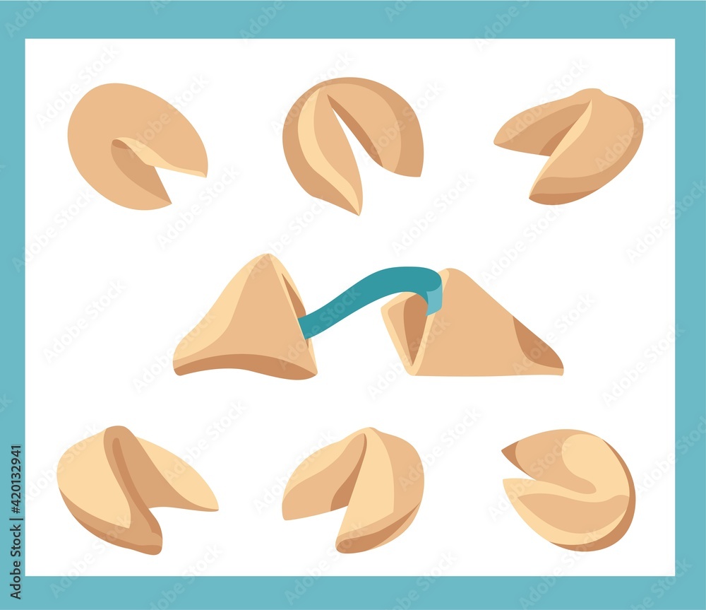 Chinese fortune cookie set. Vector illustration. Isolated on white. Food, dessert, good fortune theme design element. Chinese fortune cookie set. Vector illustration. Isolated on white. Food, dessert, good fortune theme design element.