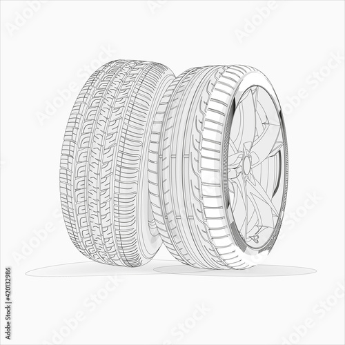 Car wheels line icons. Vector thin line illustrations of different wheels. Outline beautiful automobile tire. Wire-frame style. The layers of visible and invisible lines are separated.