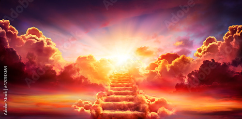 Vászonkép Stairway Leading Up To Sky At Sunrise - Resurrection And Entrance Of Heaven