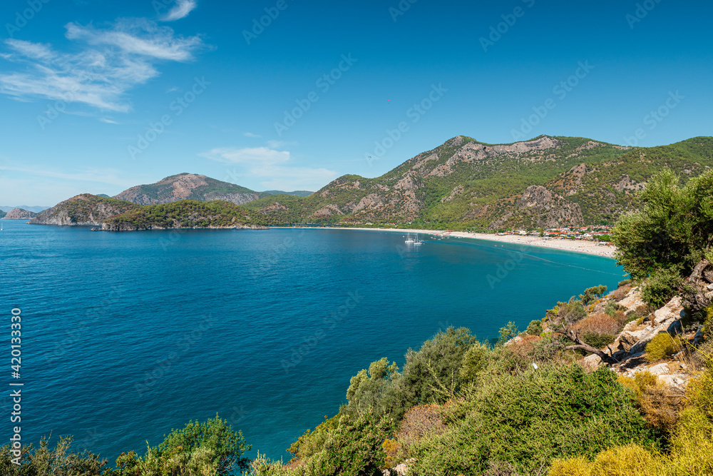 Beautiful view of Oludeniz beach in Mugla region, Turkey. Summer holiday travel destination