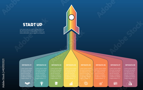 Startup infographic data template. 8 positions. Blue background. Launching rocket and colorful stripes with place for text