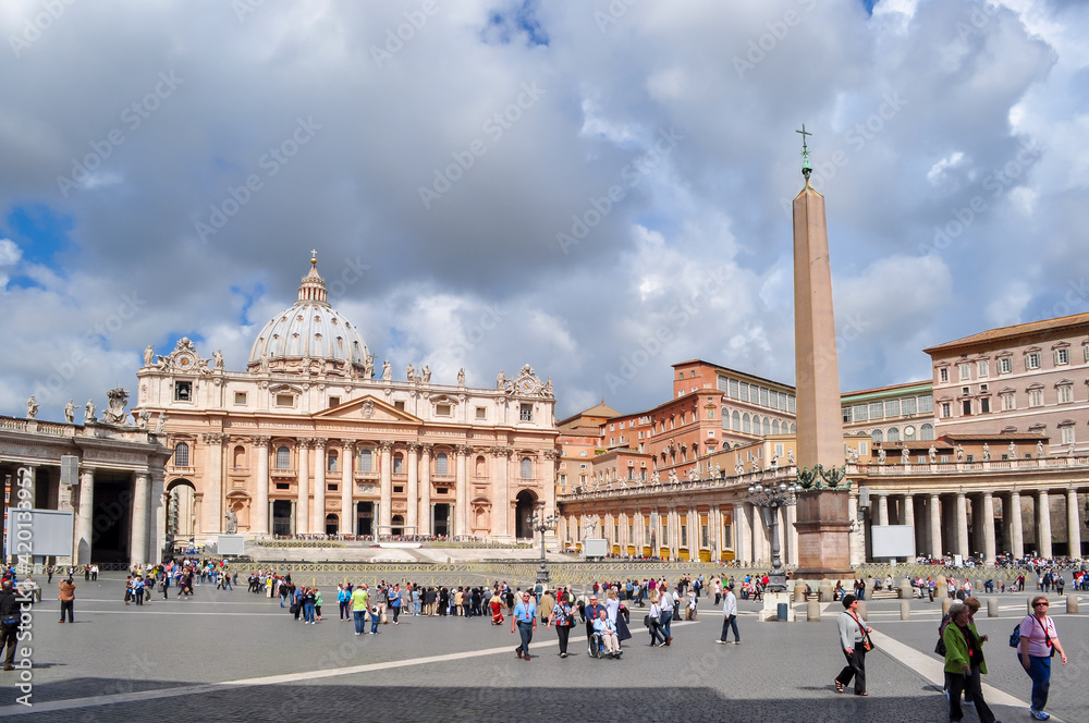 Vatican - May 2018: St. Peter's Basilica and Egyptian obelisk on St. Peter's square in Vatican, center of Rome, Italy