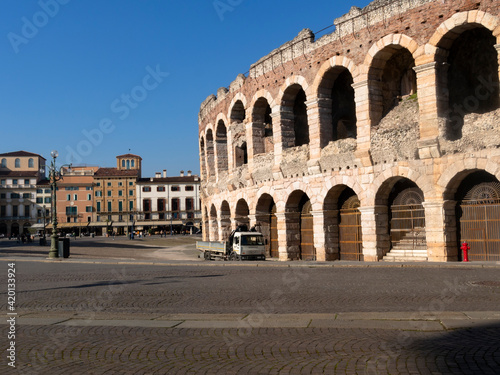 Arena di Verona, the ancient Roman amphitheatre, named as a UNESCO World Heritage Site and popular tourist destination. Verona, Italy - March 2021.