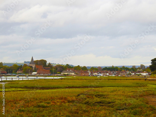 Flood area with low green vegetation, water, sailboats and buildings © Rafal