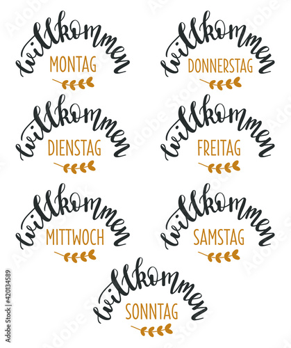 Welcome 7 weekdays in german language hand drawn lettering logo icon set. Vector winter phrases elements for planner, calender, organizer, cards, banners and other design. 