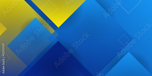 Modern geometric abstract background. Bright yellow banner with blue stripes stripes, textured background. Business template. Geometric yellow background with square pattern