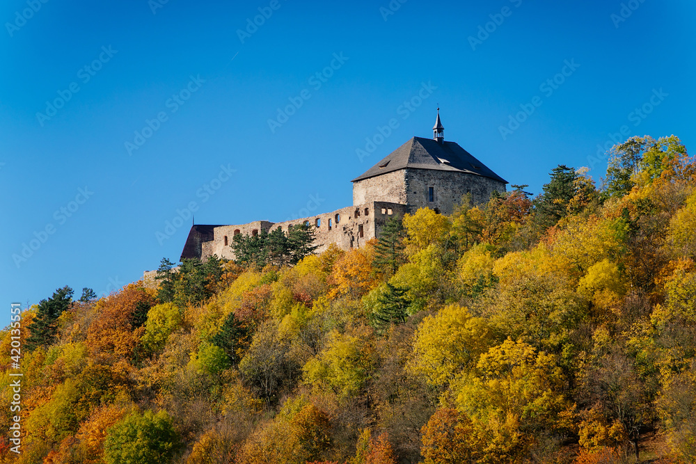 Scenic view of ancient ruins of gothic and renaissance medieval royal castle, autumn landscape, sunny day, fortresses on hill, stronghold Tocnik, Central Bohemia, Czech Republic