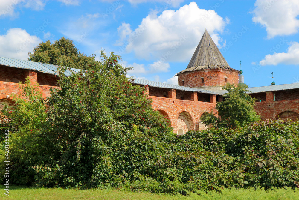 summer view of wall and tower of Zaraysk Kremlin, Moscow Region, Russia from the courtyard summer view of wall and tower of Zaraysk Kremlin, Moscow Region, Russia from the courtyard