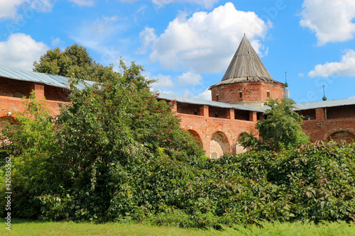 summer view of wall and tower of Zaraysk Kremlin, Moscow Region, Russia from the courtyard