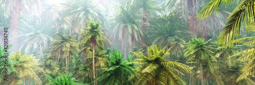 Jungle  rainforest during the plank  palm trees in the morning in the fog  jungle in the haze  3D rendering