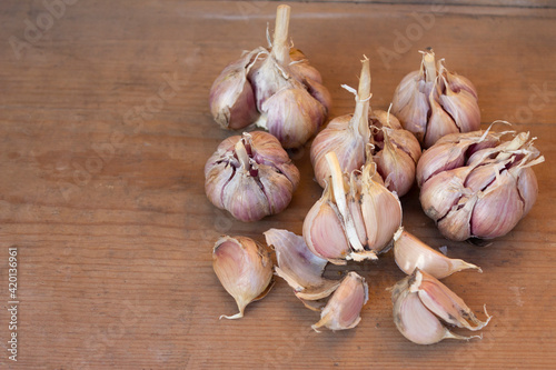 Ripe garlic, dried garlic on a wooden table. Autumn harvest of garlic. Flat lay, copy space