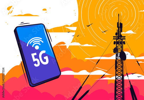 Vector illustration of a mobile smartphone with a 5G telecommunications tower, data and communication tower