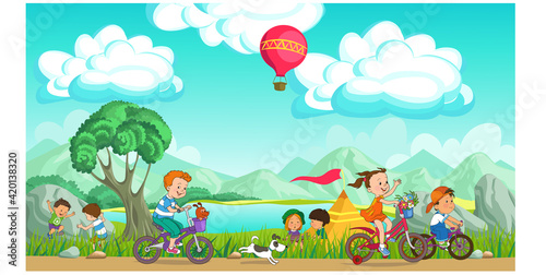 Colorful vector illustration. Summer children's rest. Happy children are resting on a picturesque meadow. They ride bicycles, play against the backdrop of mountains and blue skies.