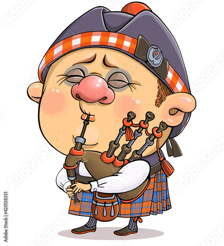 Vector cartoon. A funny illustration of a cute British piper in national costume with a musical instrument.