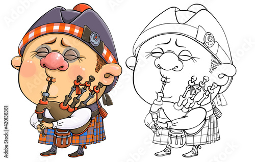 Vector cartoon for coloring. A funny illustration of a cute British piper in national costume with a musical instrument.