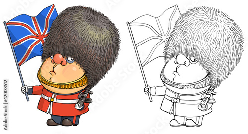 Vector cartoon for coloring. Funny illustration of a cute british guardsman holding the national flag of Great Britain